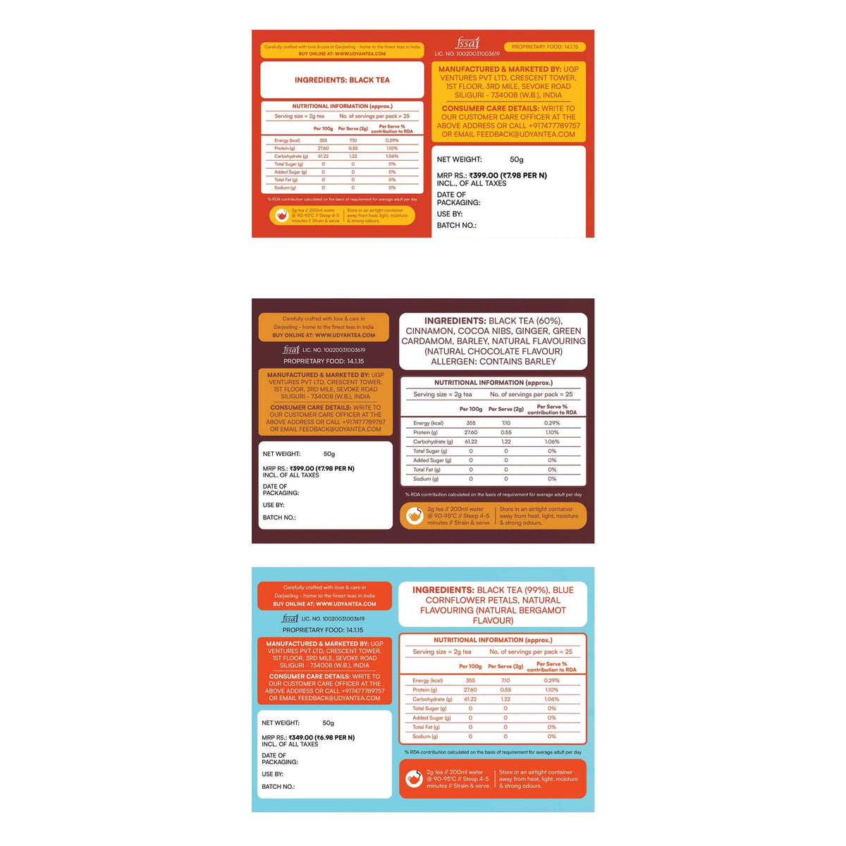 Black Tea Combo Pack: back labels with ingredients and nutrition information
