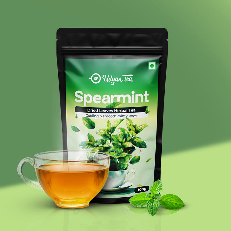 Spearmint Herbal Tea pouch with a cup of brewed tea