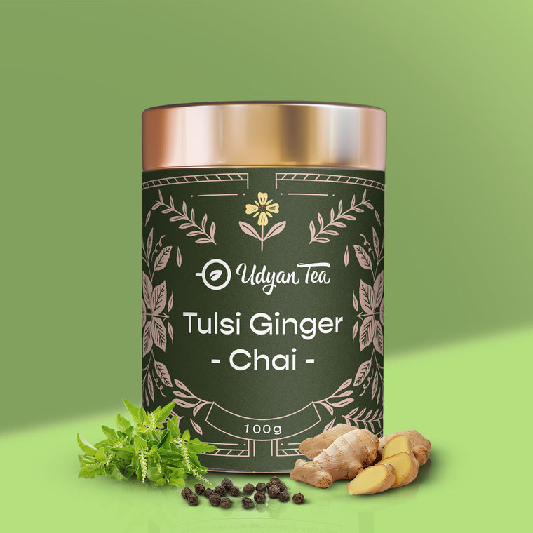Tulsi Ginger Chai tin with tulsi, ginger and black pepper