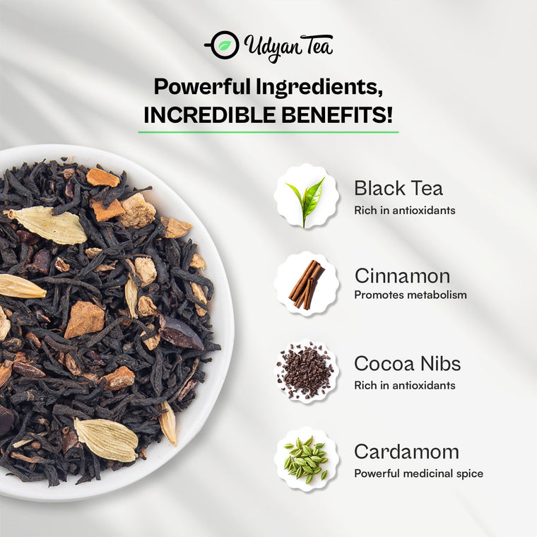 Chocolate Luxe blend with black tea, cinnamon, cocoa nibs and cardamom