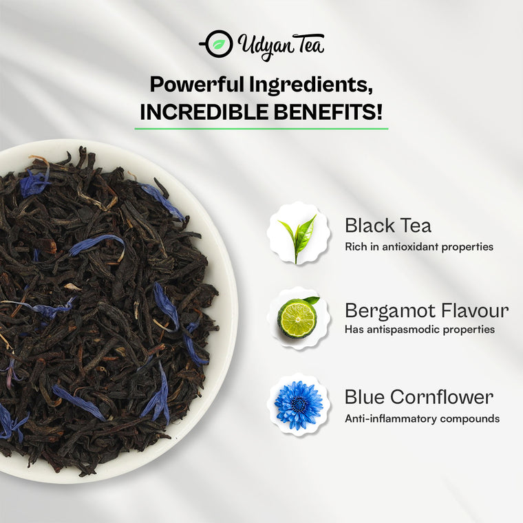 Earl Grey blend with black tea, bergamot flavour and blue cornflower