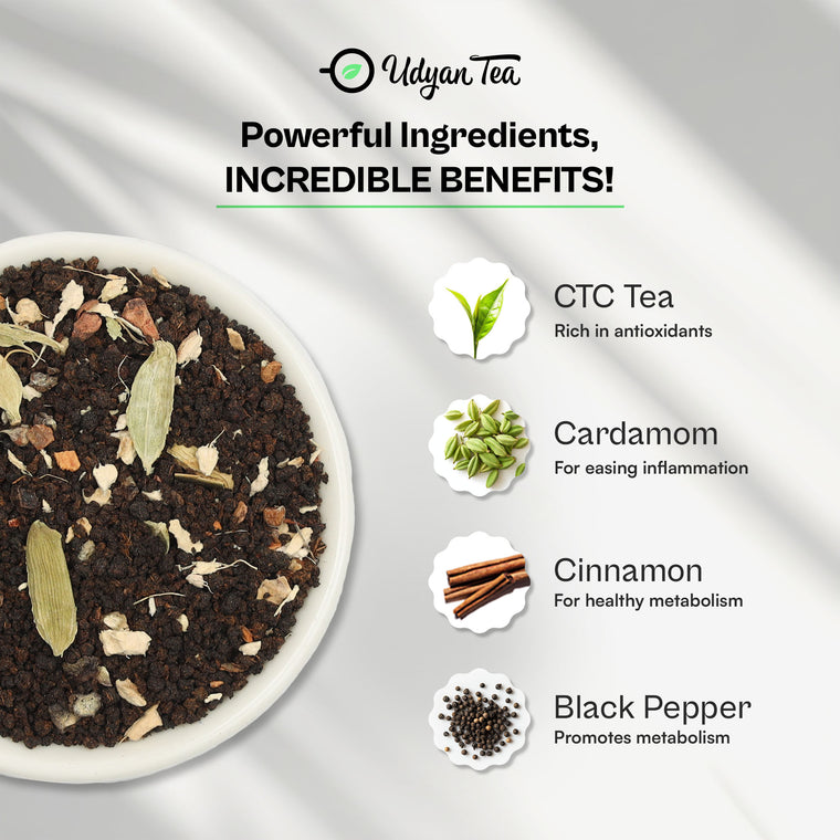 Kadak Masala Chai blend with CTC tea, cardamom, cinnamon and black pepper
