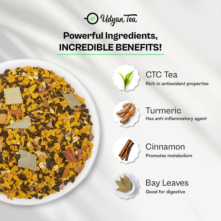 Turmeric Chai blend with CTC tea, turmeric, cinnamon and bay leaves