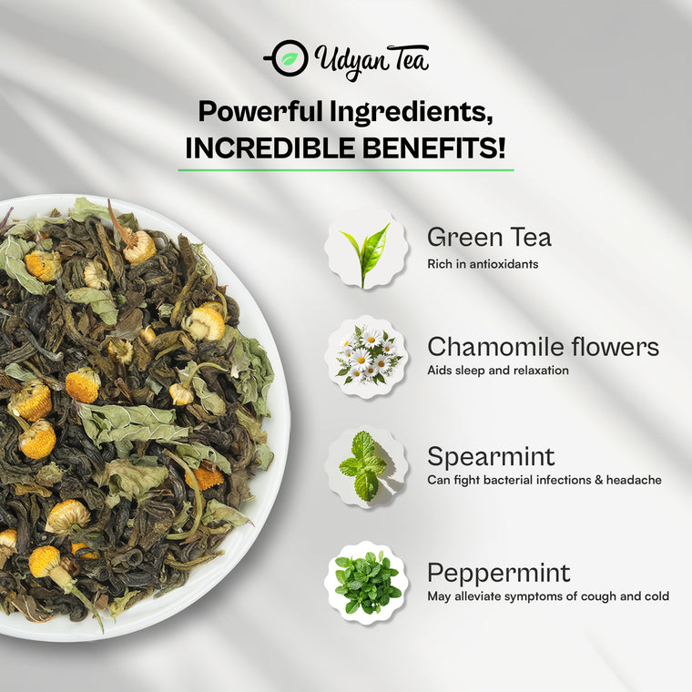 Chamomile Delight blend with green tea, chamomile flowers, spearmint and peppermint