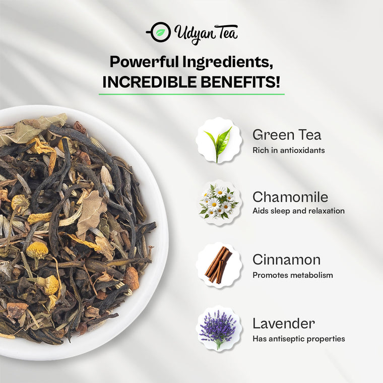 Yoga Tea blend with green tea, chamomile, cinnamon and lavender