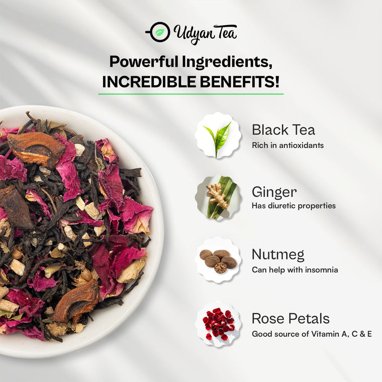 Kama Tea blend with black tea, ginger, nutmeg and rose petals