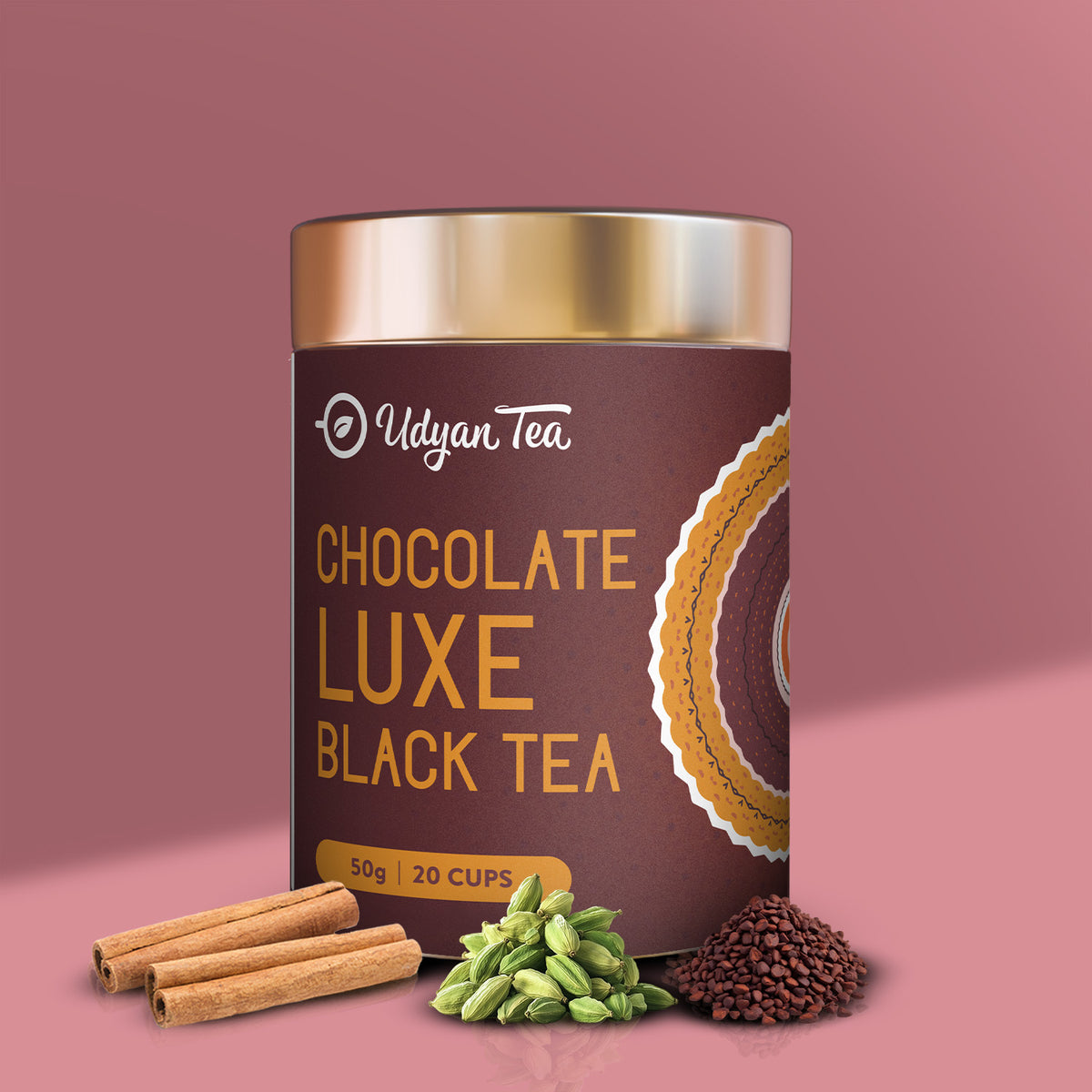 Chocolate Luxe Black Tea tin with cinnamon, cardamom and cocoa nibs