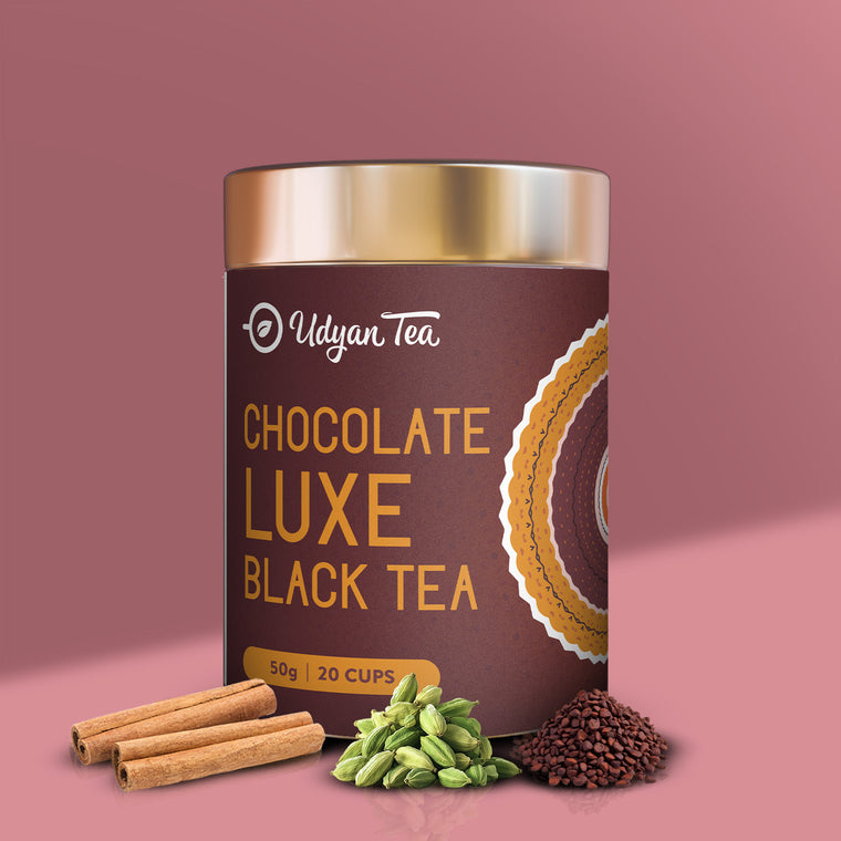 Chocolate Luxe Black Tea tin with cinnamon, cardamom and cocoa nibs