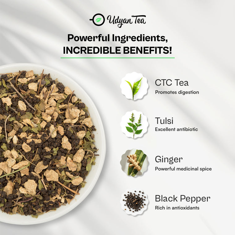 Tulsi Ginger Chai blend with CTC tea, tulsi, ginger and black pepper