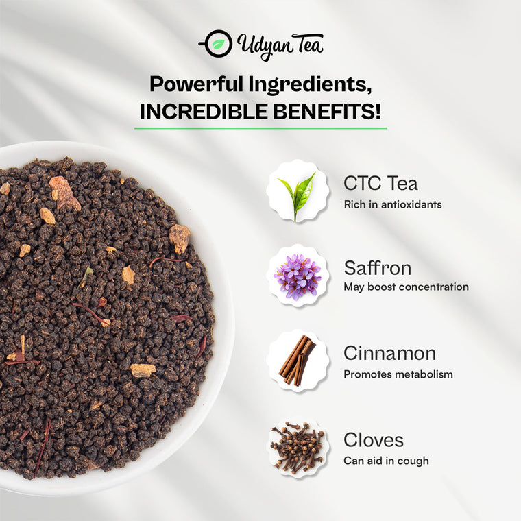 Saffron Chai blend with CTC tea, saffron, cinnamon and cloves