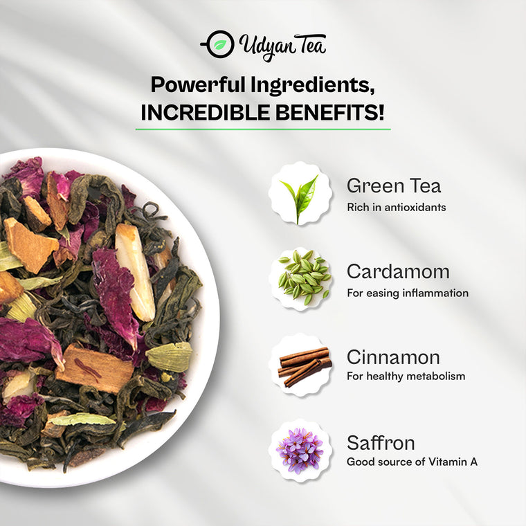 Kashmiri Kahwa loose blend with green tea, rose petals, cardamom, cinnamon and saffron