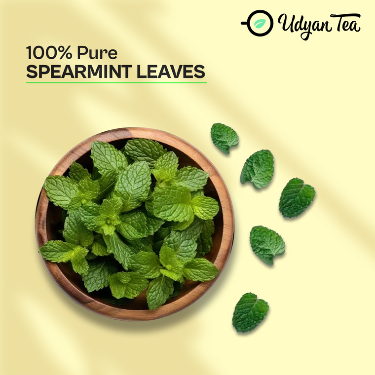 100% pure dried spearmint leaves in a bowl