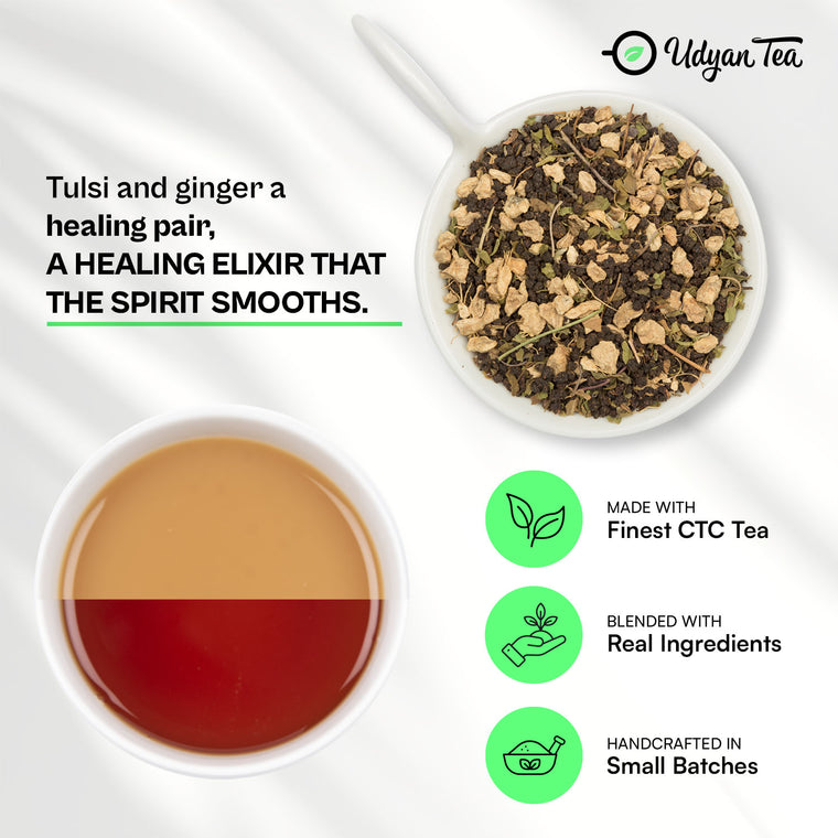 Tulsi Ginger Chai blend and a cup of brewed chai