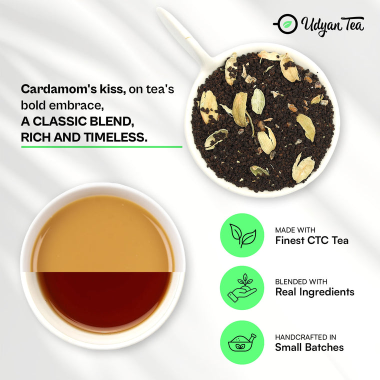 Elaichi CTC Chai blend and a cup of brewed chai