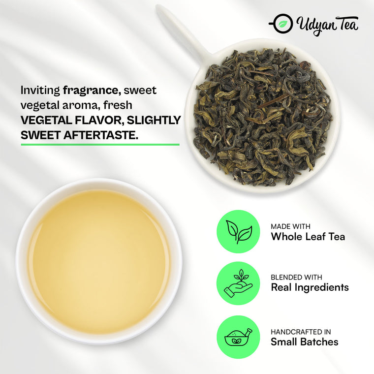 Himalayan Mist Green Tea leaves and a cup of brewed tea