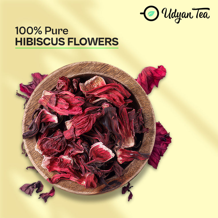 100% pure dried hibiscus flowers in a bowl