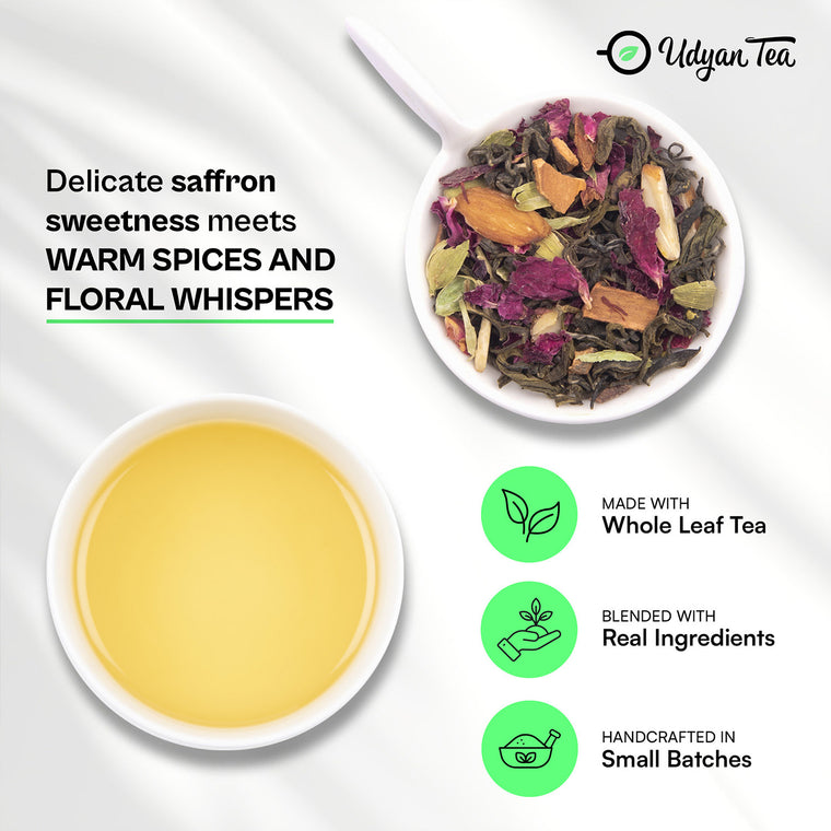 Kashmiri Kahwa loose blend and a cup of brewed tea
