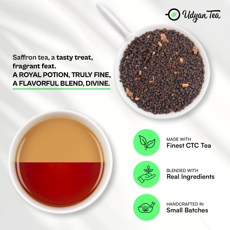 Saffron Chai blend and a cup of brewed chai