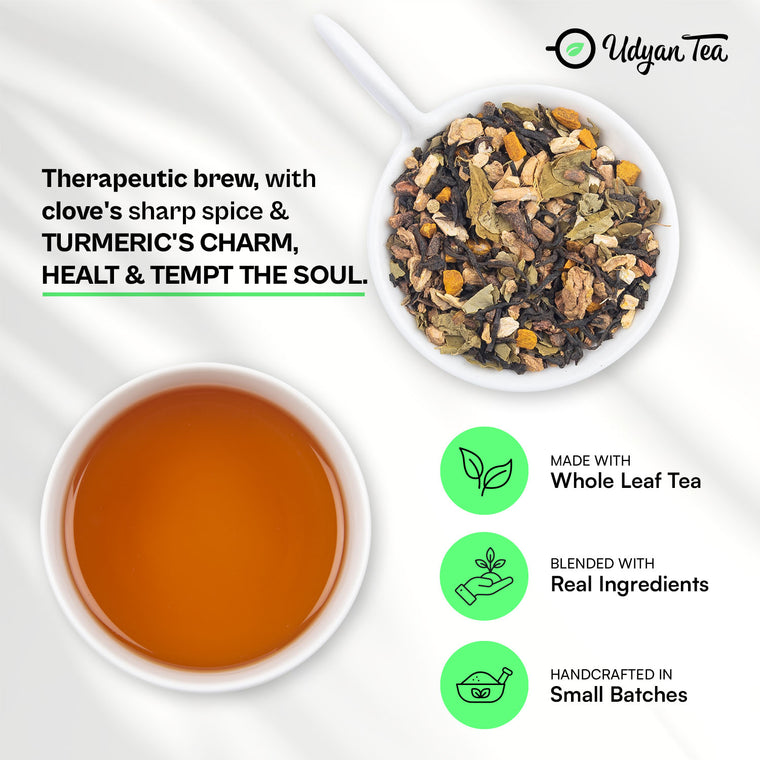 Ayurveda Tea blend and a cup of brewed tea