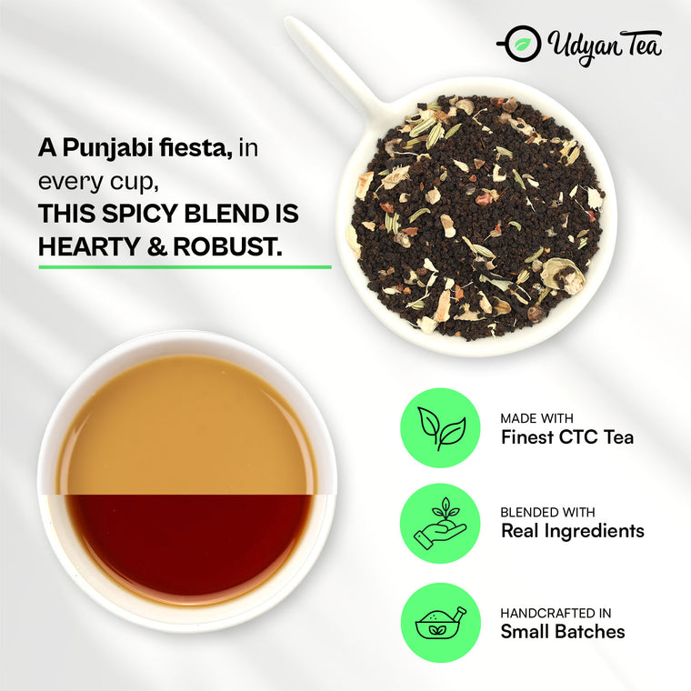 Punjabi Masala CTC Chai blend and a cup of brewed chai