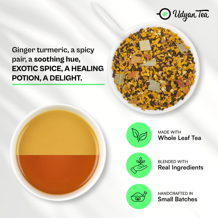 Turmeric Chai blend and a cup of brewed chai