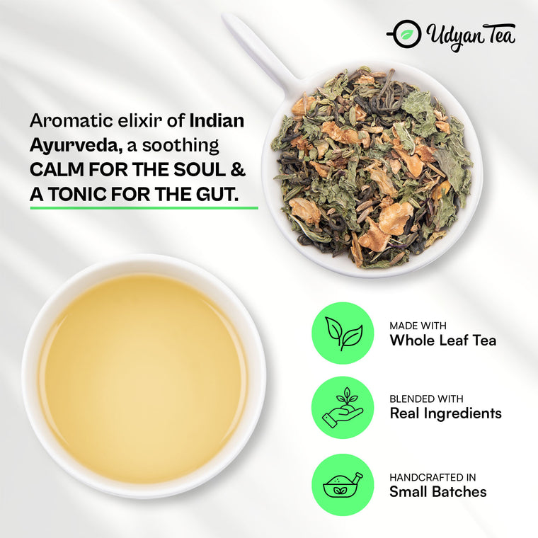 Digestive Tea blend and a cup of brewed tea