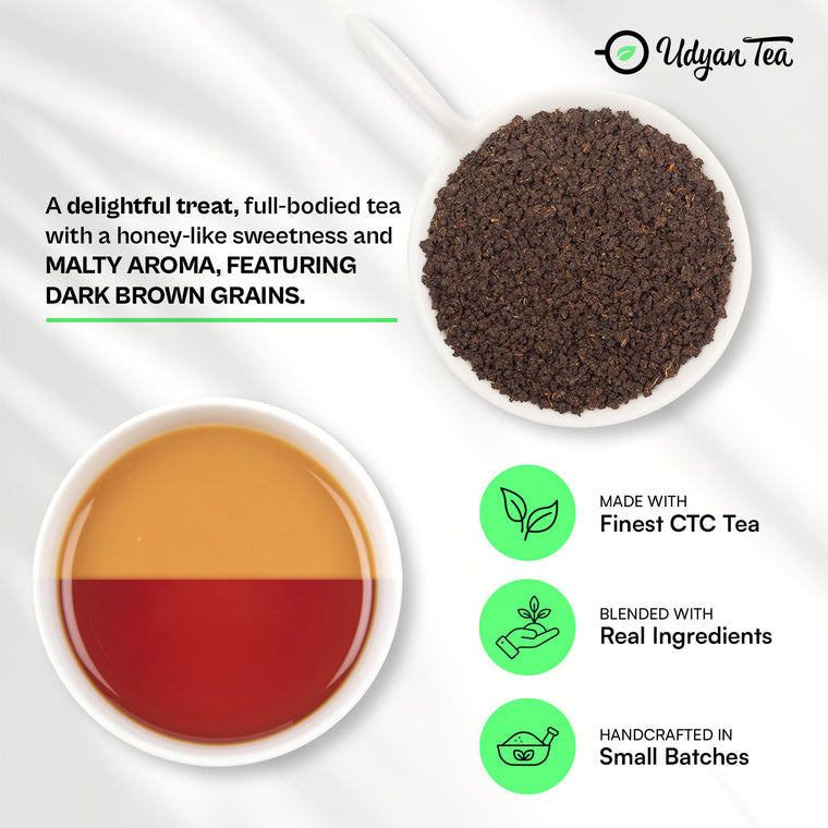 Assam Exotic Chai CTC tea and a cup of brewed chai