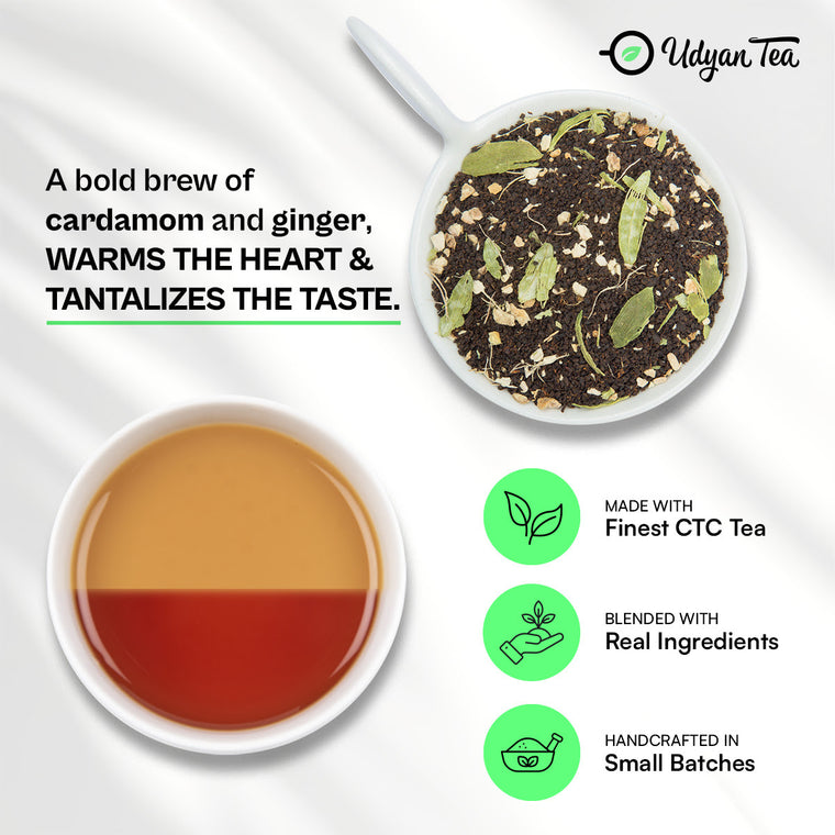 Bombay Cutting Chai blend and a cup of brewed chai