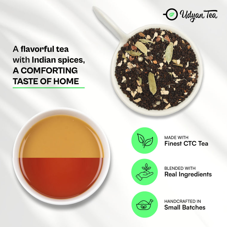 Kadak Masala Chai blend and a cup of brewed chai