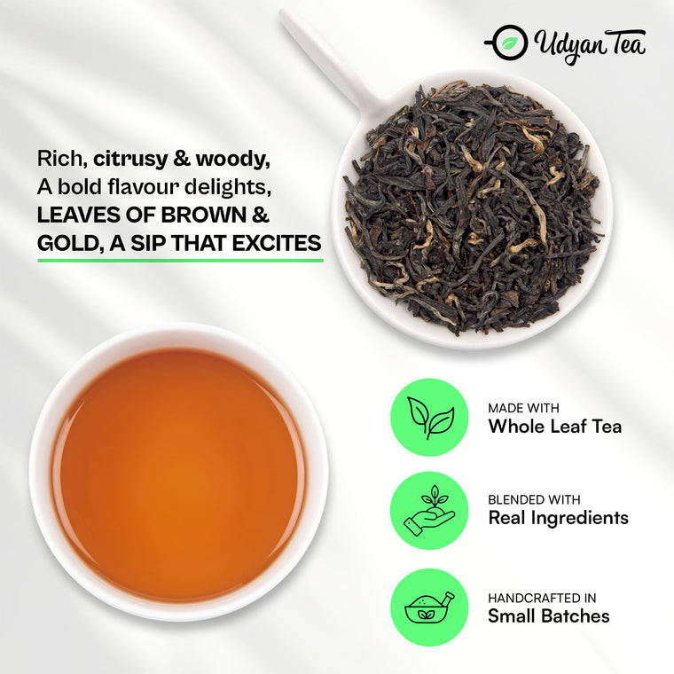 Darjeeling Summer Glory Black Tea leaves and a cup of brewed tea