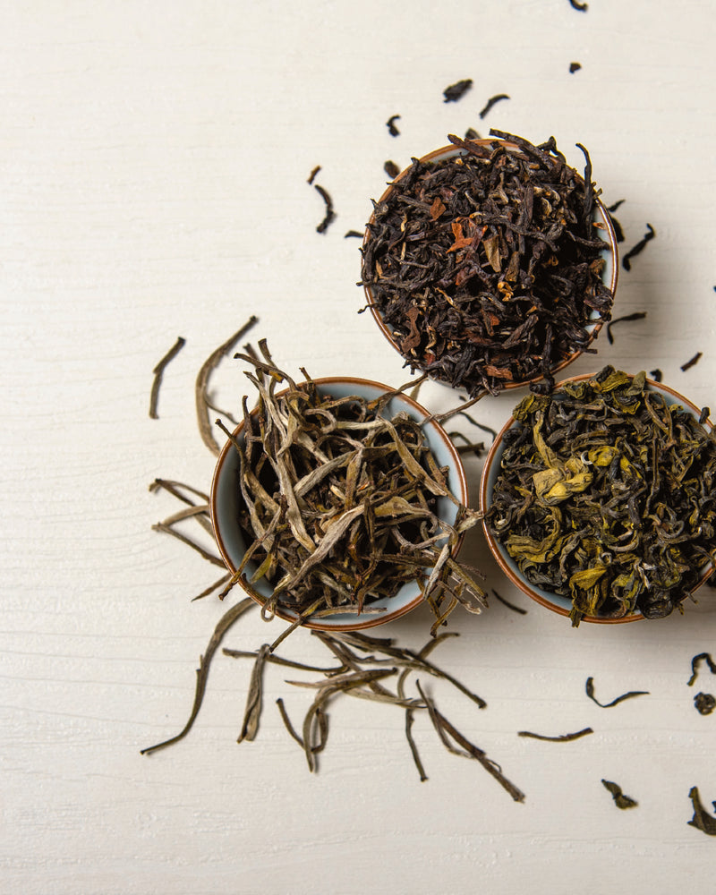 three whole lead teas arranged together in three bowls