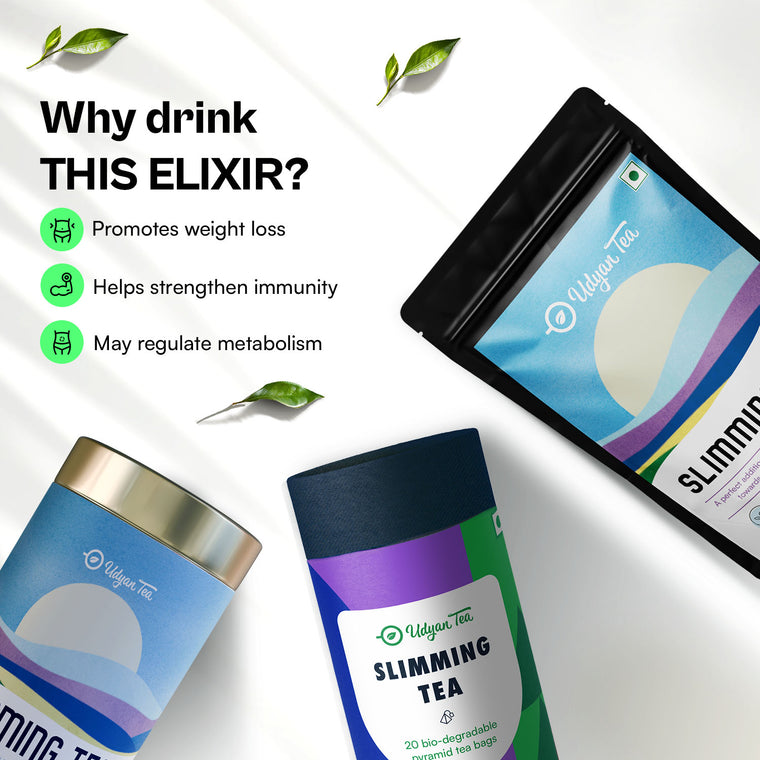 Slimming Tea pouch, tin and tea bag pack