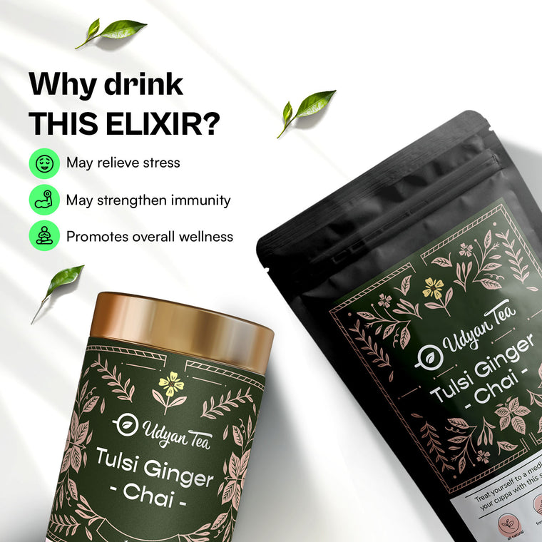 Tulsi Ginger Chai pouch and tin