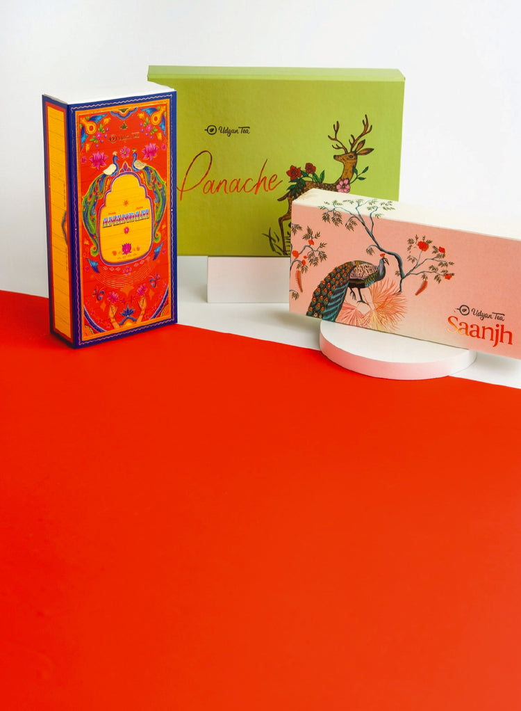 Custom-printed tea gift boxes arranged for a corporate Diwali order
