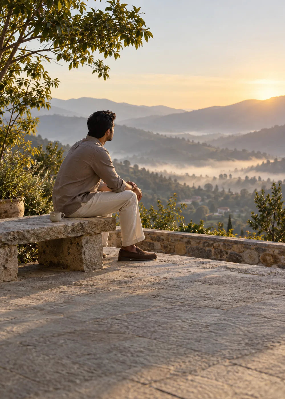 Man on a stone bench with a cup of tea, looking out over misty hills at sunrise