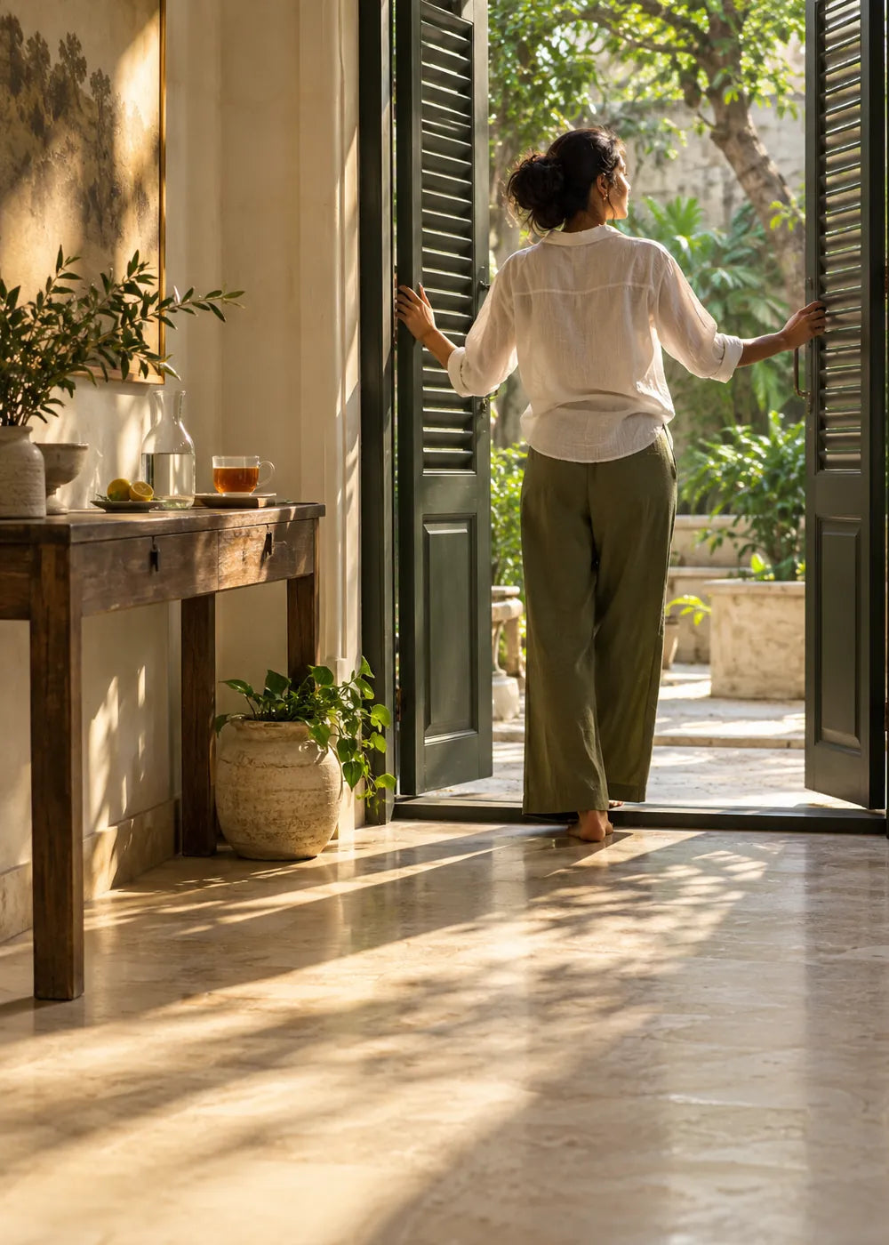 Woman opening wooden doors onto a sunlit garden