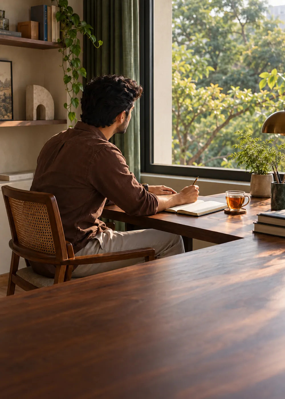 Man writing at a desk with a cup of tea beside him