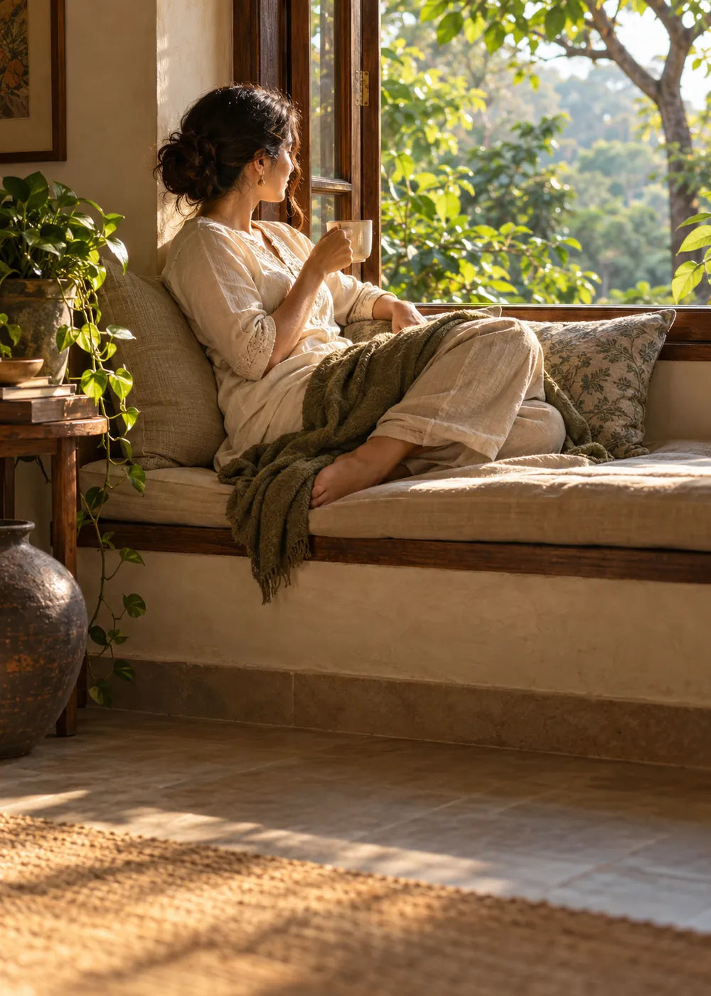 Woman resting on a daybed with a blanket and a cup of tea