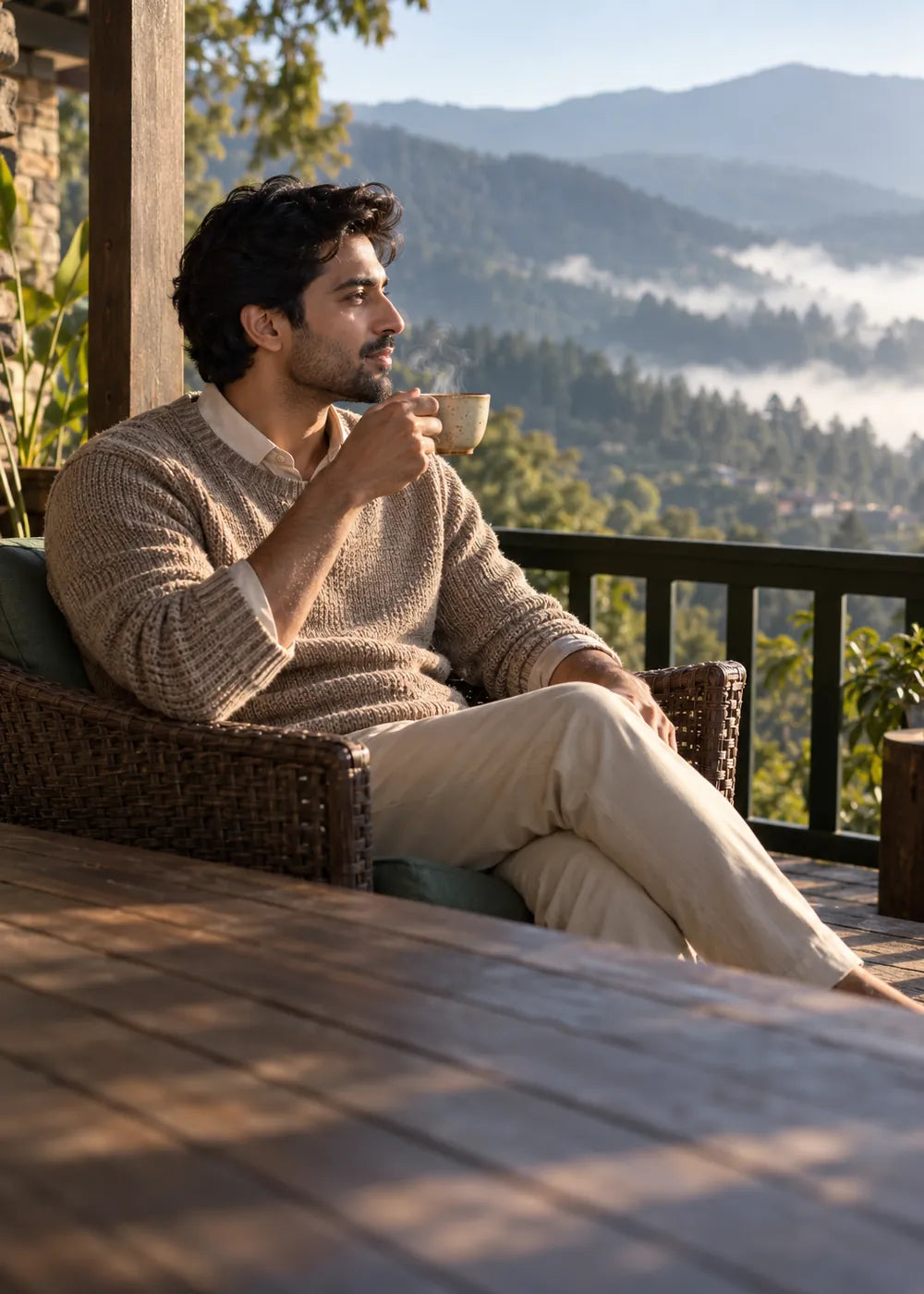 Man in a warm sweater sipping tea on a balcony above misty hills