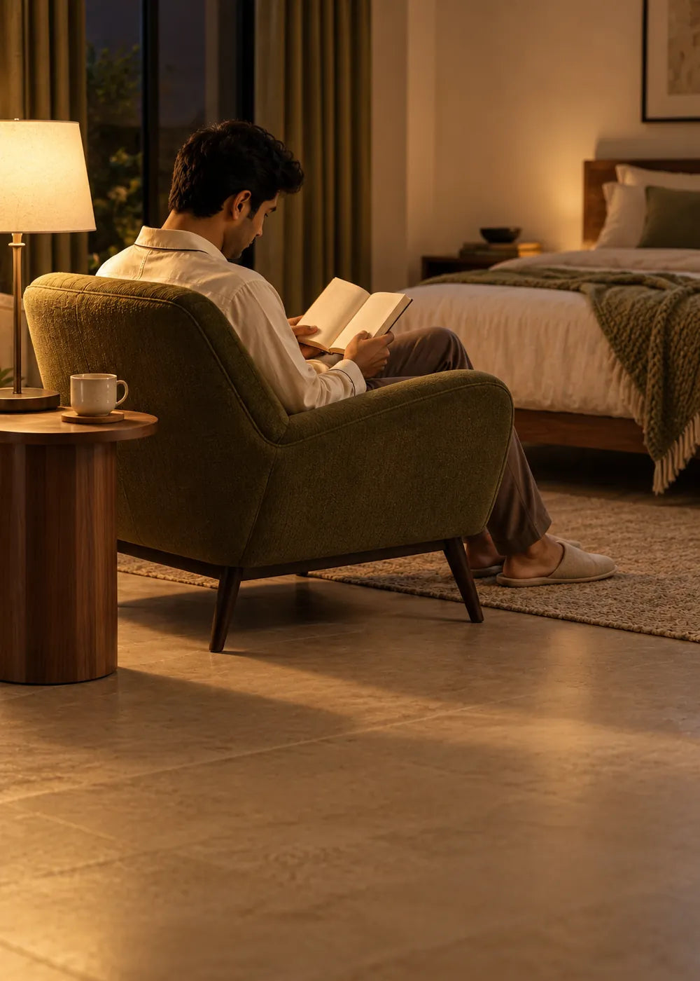 Man reading in an armchair by a bedside lamp with a cup of tea