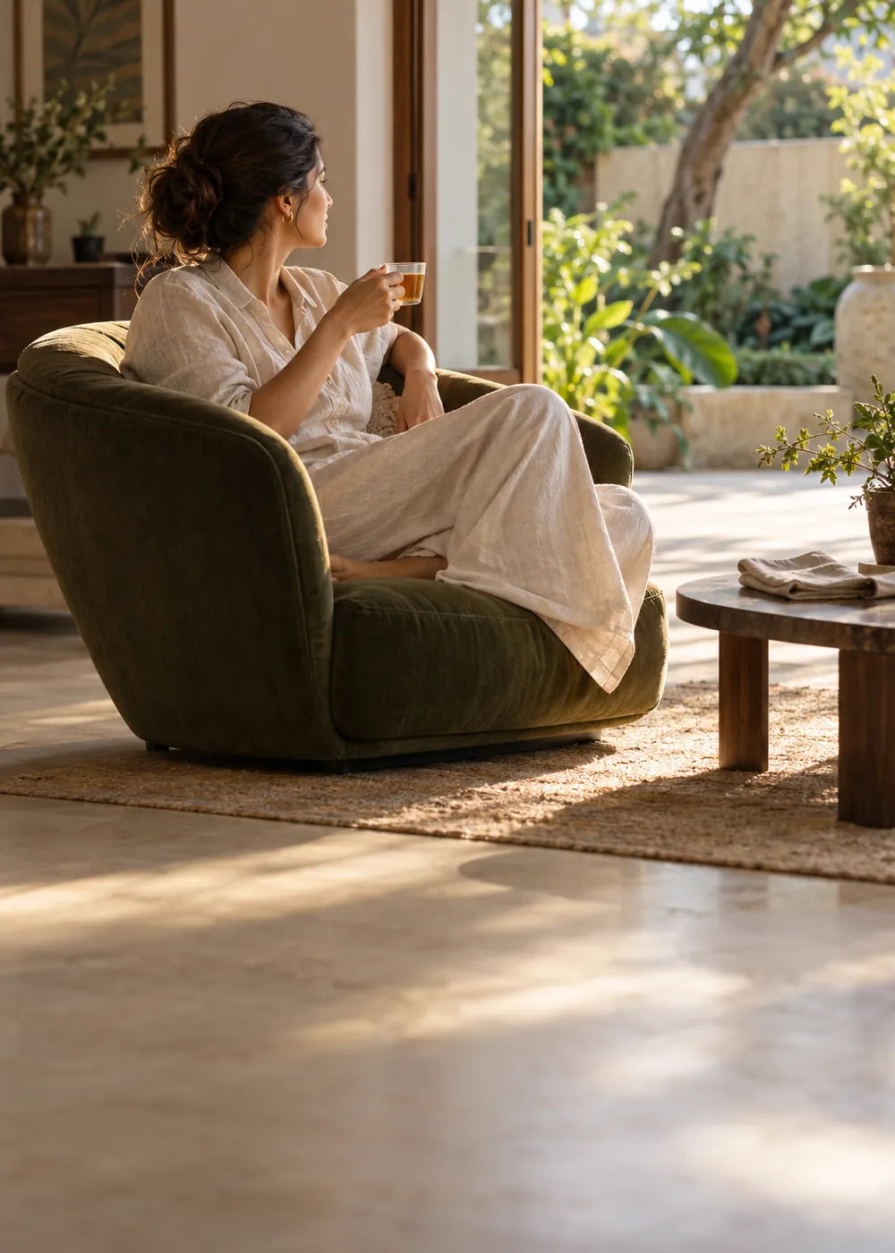 Woman relaxing in an armchair with a cup of tea