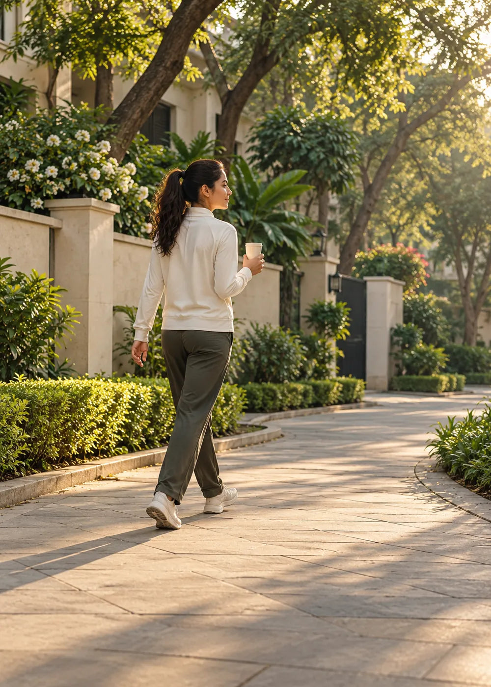 Woman walking along a sunlit garden path with a cup of tea