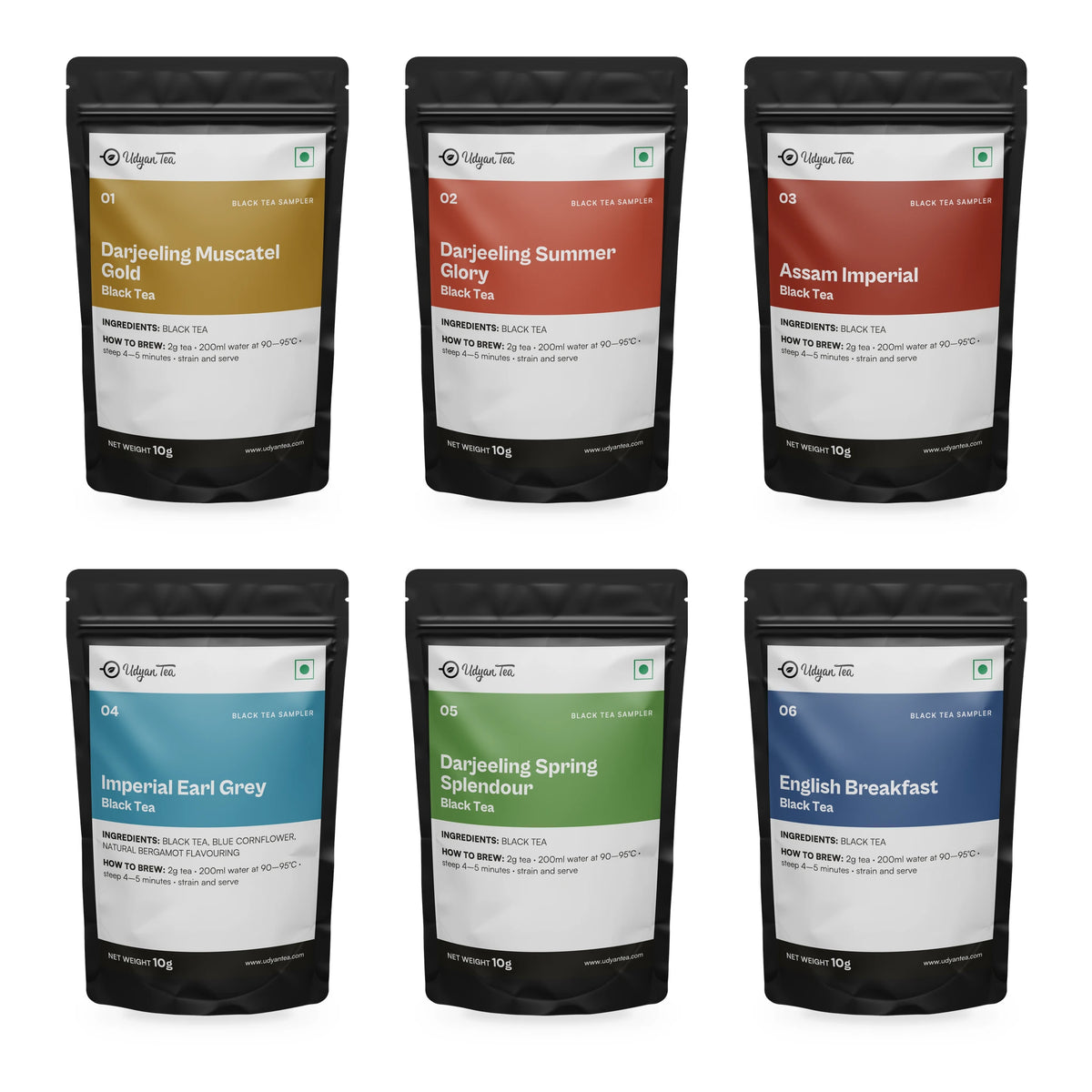 The six 10g pouches inside the Black Tea Sampler Pack