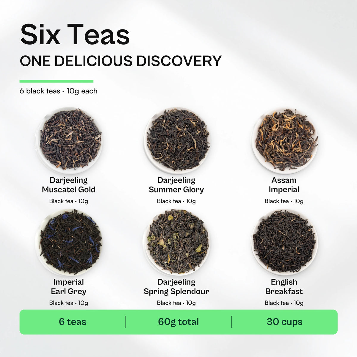 What's inside the Black Tea Sampler Pack: Darjeeling Muscatel Gold, Darjeeling Summer Glory, Assam Imperial, Imperial Earl Grey, Darjeeling Spring Splendour and English Breakfast