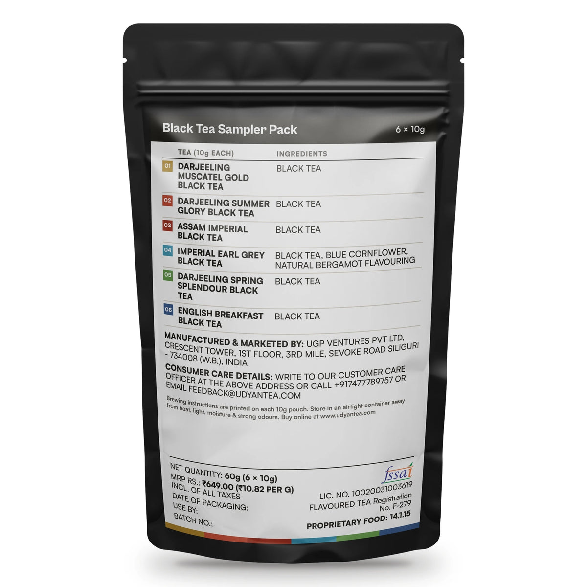 Black Tea Sampler Pack, back of the pack with the ingredients and label