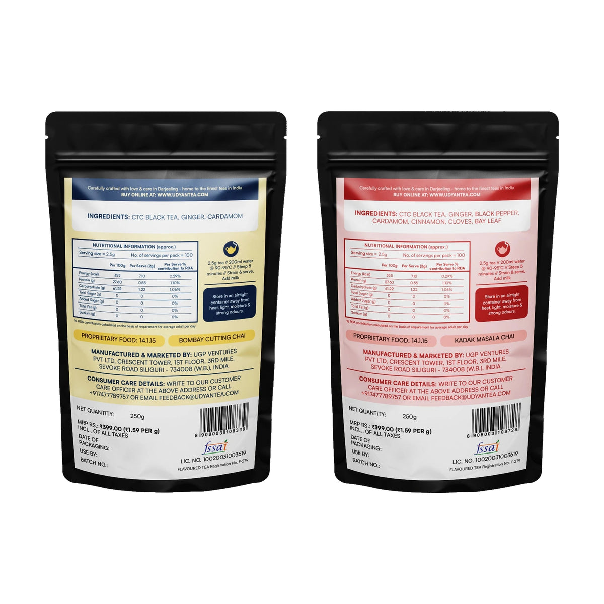 Chai Lovers' Delight Combo Pack: back labels with ingredients and nutrition information