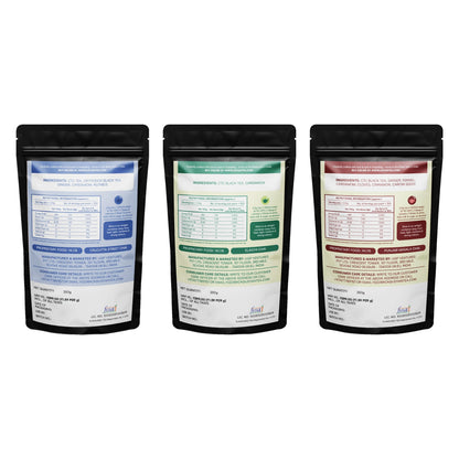Desi Chai Trio Combo Pack: back labels with ingredients and nutrition information