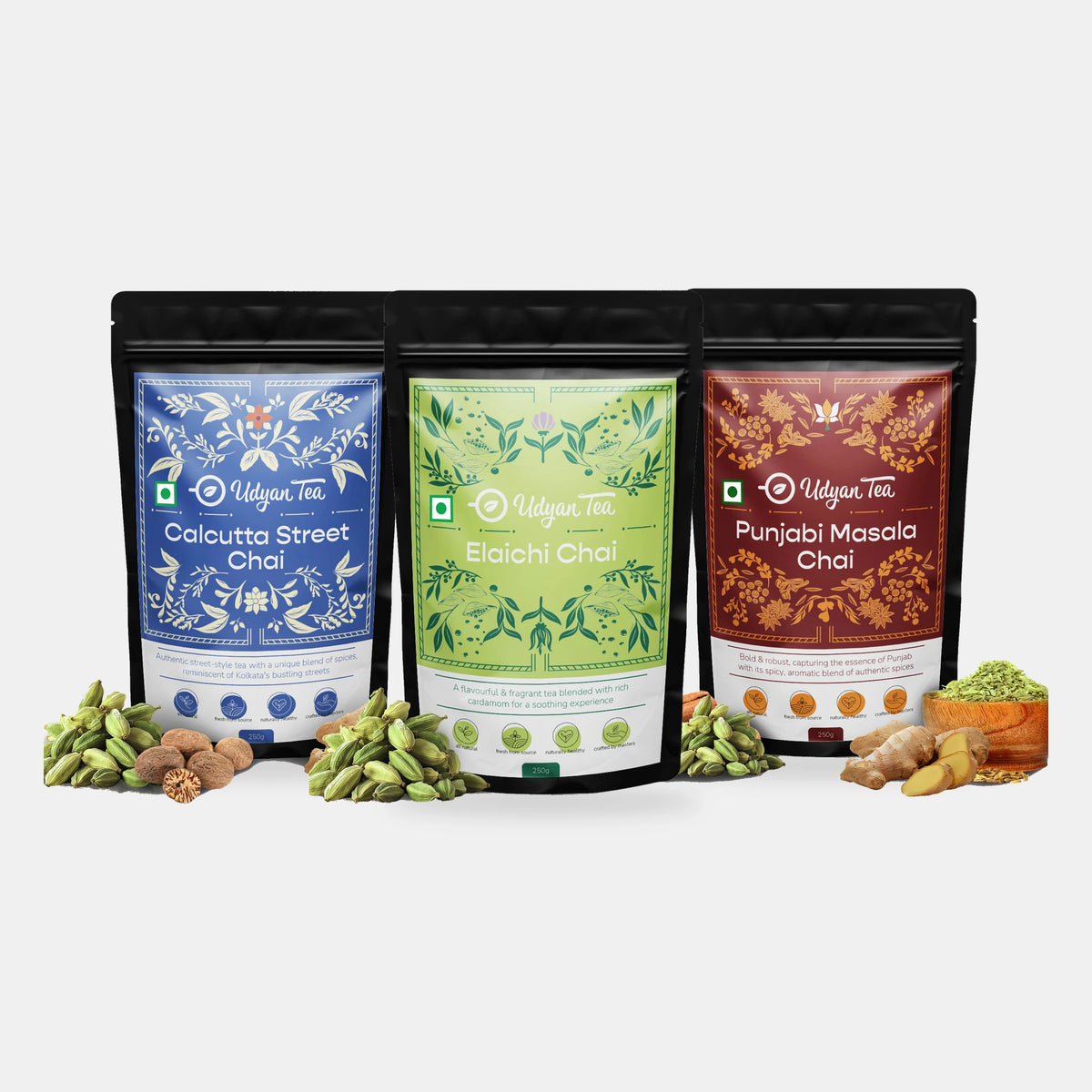 Desi Chai Trio Combo Pack: the packs you get, front view