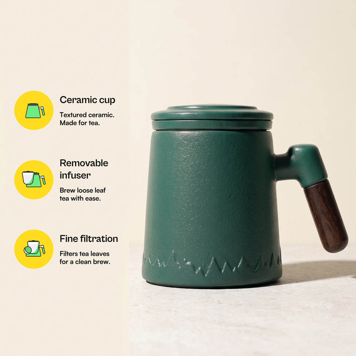 Everest ceramic tea infuser mug, Forest Green, with feature callouts