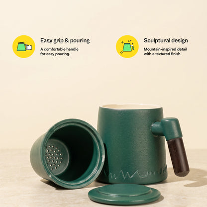 Everest ceramic tea infuser mug, Forest Green, with infuser and lid removed, with more feature callouts